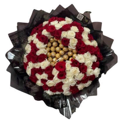 read and whites roses with chocolates bouquets