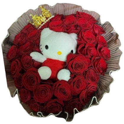 red roses bouquet with hello kitty
