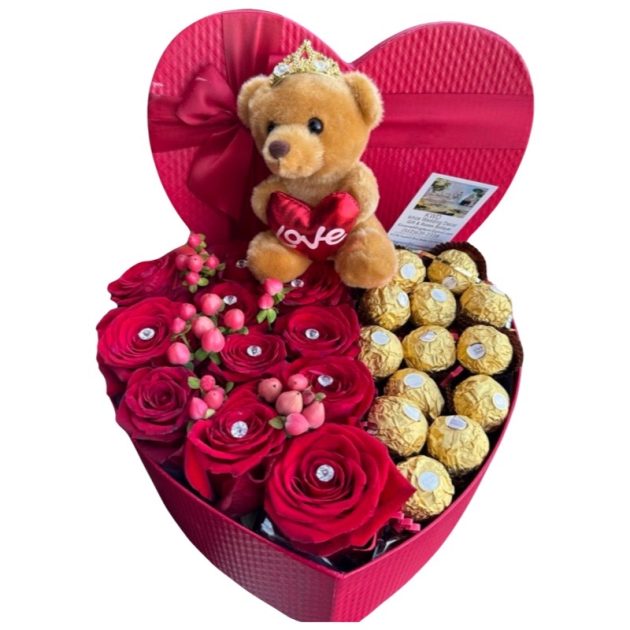 heart box with roses, chocolates and teddy bear