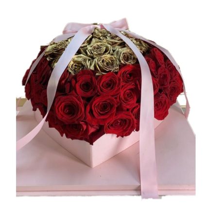 GOLD AND RED ROSES IN A BOX