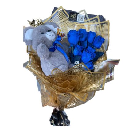 TEDDY BEAR AND BLUE ROSES