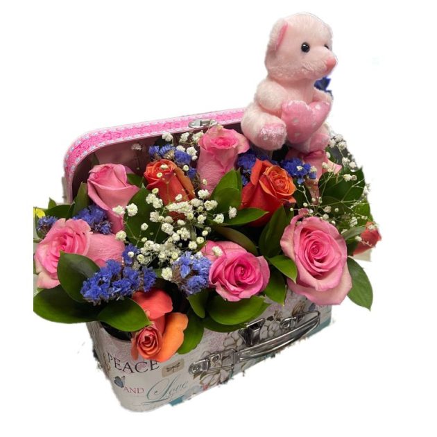 BOX WITH ROSES AND TEDDY BEAR