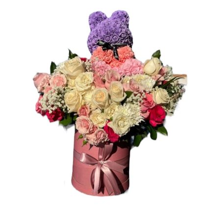 Large Mix Flower Cylinder Arrangement with Eternal Teddy Bear